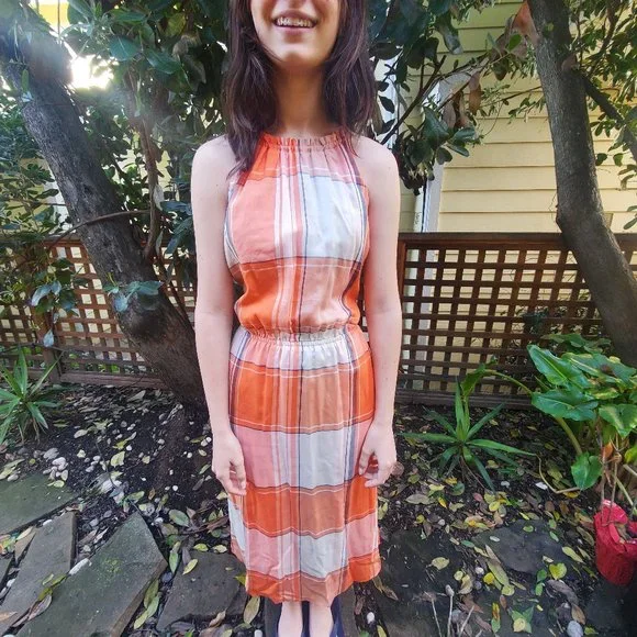 NWT Ann Taylor Orange Plaid Halter Dress in Medium